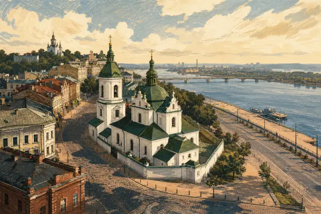 Концептуальна редакційна ілюстрація Іллінської церкви між історичними вулицями Подолу та набережною Дніпра