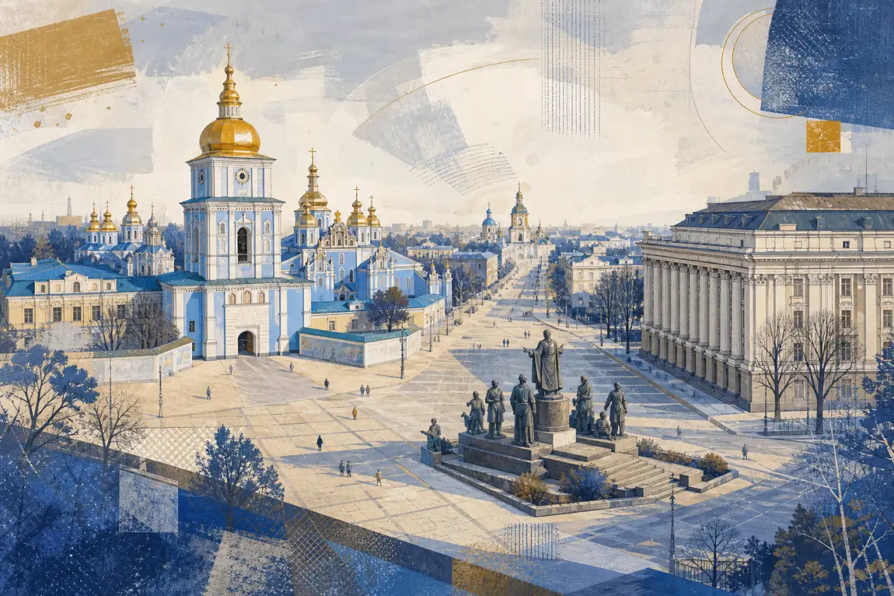 Концептуальна редакційна ілюстрація Михайлівської площі між монастирем, державною будівлею та віссю до Софії