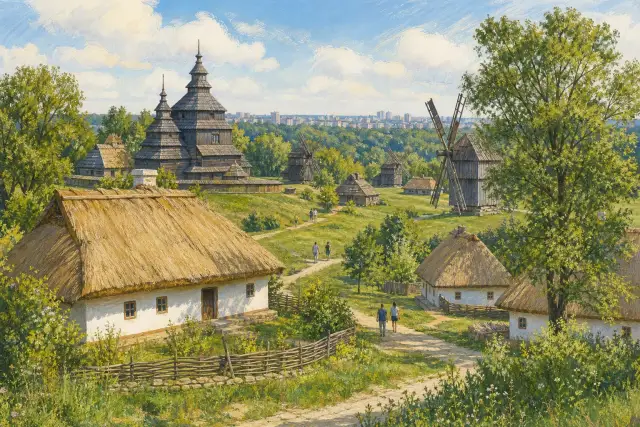 Концептуальна редакційна ілюстрація музею просто неба з традиційними хатами, дерев’яною церквою та вітряками в зеленому ландшафті.