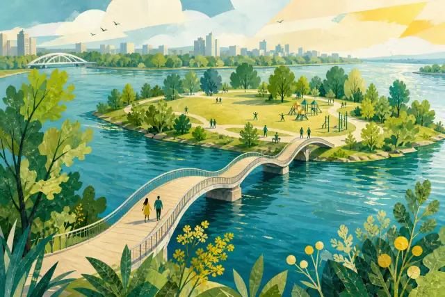 Концептуальна редакційна ілюстрація зеленого річкового острова, з'єднаного хвилеподібним пішохідним мостом