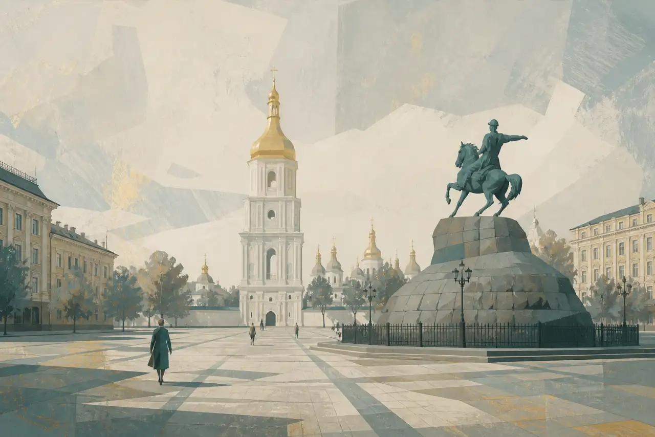 Концептуальна редакційна ілюстрація Софійської площі з дзвіницею Софії Київської та силуетом кінного монумента