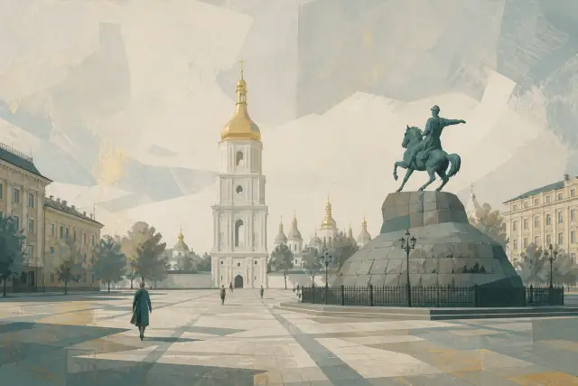 Концептуальна редакційна ілюстрація Софійської площі з дзвіницею Софії Київської та силуетом кінного монумента