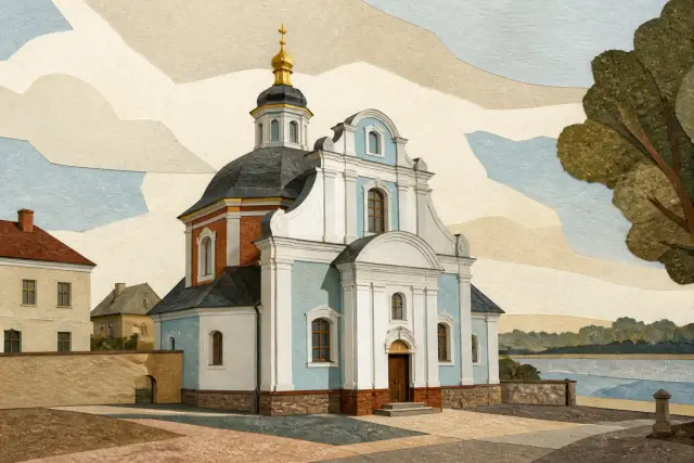 Концептуальний компактний храм українського бароко зі стриманими класичними пропорціями в історичній малоповерховій вулиці
