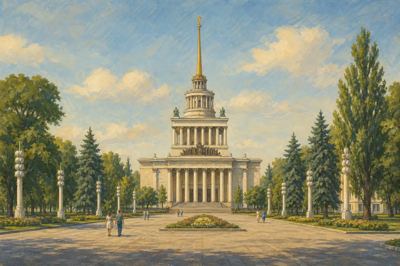 Концептуальна редакційна ілюстрація головного павільйону ВДНГ із колонадою, шпилем і широкою алеєю серед зелені.