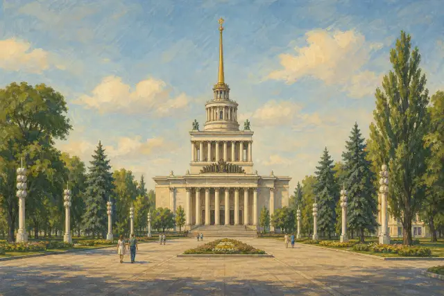 Концептуальна редакційна ілюстрація головного павільйону ВДНГ із колонадою, шпилем і широкою алеєю серед зелені.