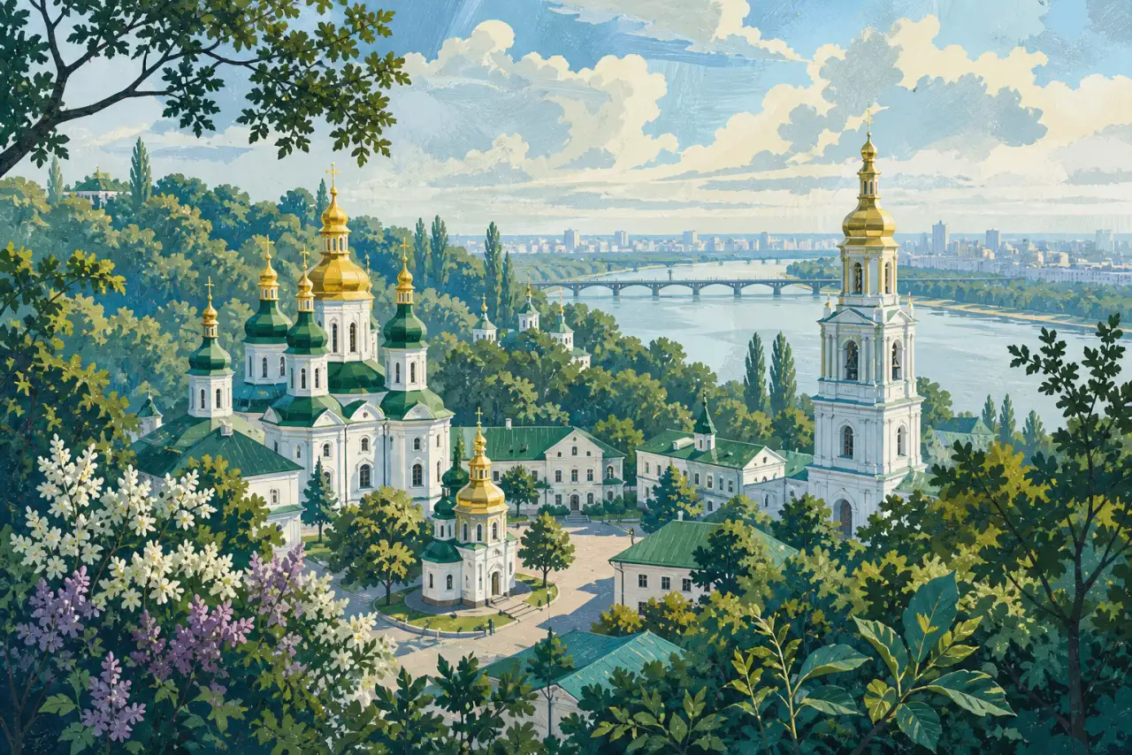 Концептуальна редакційна ілюстрація ансамблю Видубицького монастиря серед зеленого дніпровського схилу