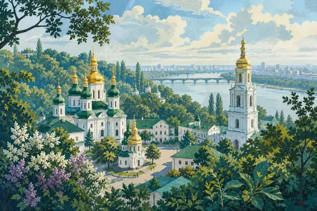 Концептуальна редакційна ілюстрація ансамблю Видубицького монастиря серед зеленого дніпровського схилу